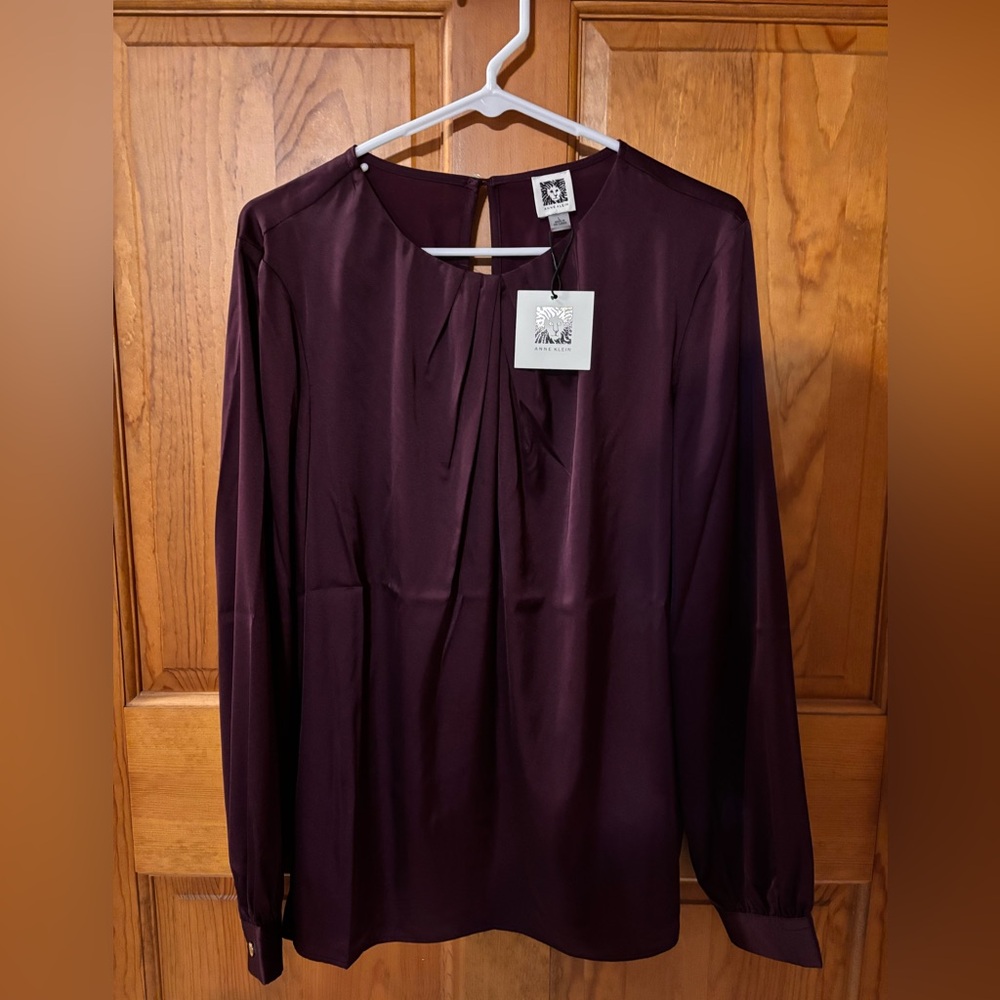 Anne Klein Deep Plum Long-Sleeve Pleated Front Blouse